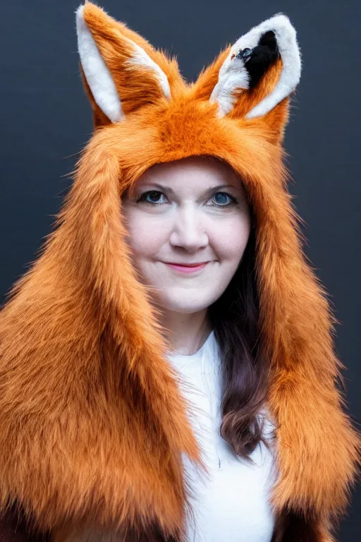 Image similar to photo of a woman in a realistic fox fursuit