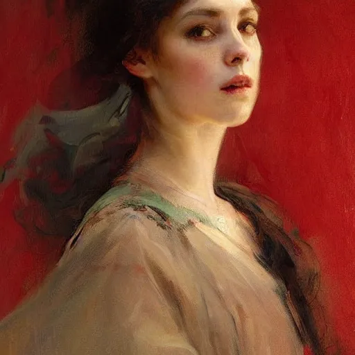 Prompt: solomon Joseph Solomon and Richard Schmid and Jeremy Lipking victorian genre painting portrait painting of a young beautiful woman queen of the sky in fantasy costume, red background