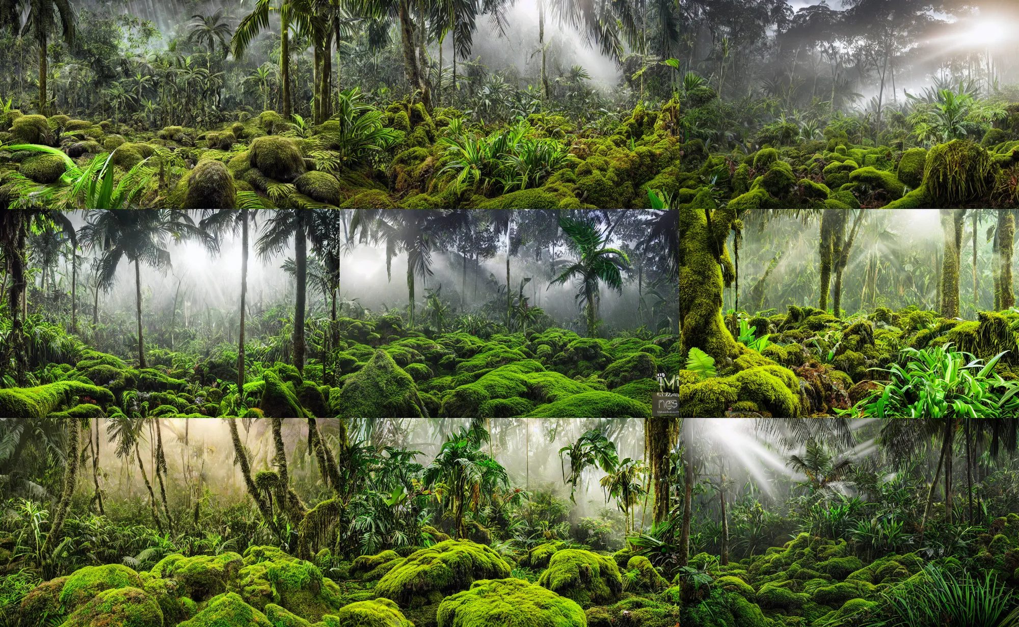 Prompt: photography of traditional papuan garden with palm trees and various flowers, background of mossy cloud forest in the baliem valley, snow mountains west papua indonesia, god rays, raytracing effects, 8 k, photorealistic, 2 4 mm