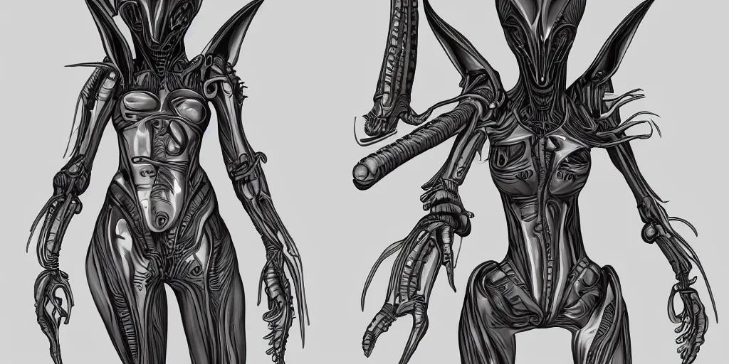 Prompt: futuristic slim female bunny girl, xenomorph clothing, style of h. g. giger