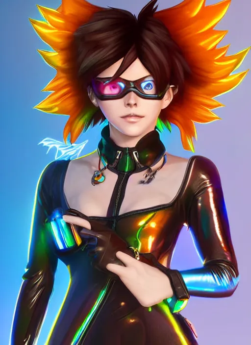 Prompt: portrait bust digital artwork of tracer overwatch, wearing iridescent rainbow latex and leather straps catsuit outfit, makeup, in style of mark arian, angel wings, wearing detailed leather collar, chains, black leather harness, detailed face and eyes,