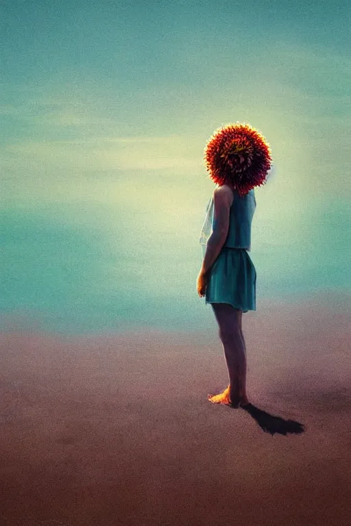 Image similar to closeup giant dahlia flower head, girl standing on beach, surreal photography, blue sky, sunrise, dramatic light, impressionist painting, digital painting, artstation, simon stalenhag