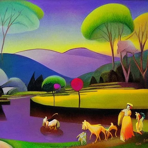 Image similar to A beautiful painting of a landscape. It is a stylized and colorful view of an idyllic, dreamlike world with rolling hills, peaceful looking animals, and a flowing river. The scene looks like it could be from another planet, or perhaps a fairy tale. harlequin by William Gropper defined