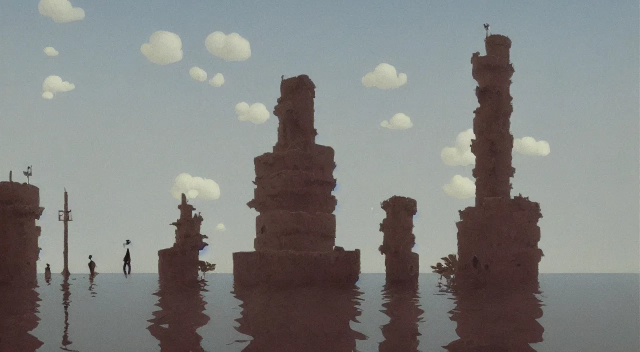 Prompt: single flooded simple minimalist clay tower, very coherent and colorful high contrast!! masterpiece by rene magritte simon stalenhag carl spitzweg syd mead norman rockwell edward hopper james gilleard, dark shadows, sunny day, hard lighting