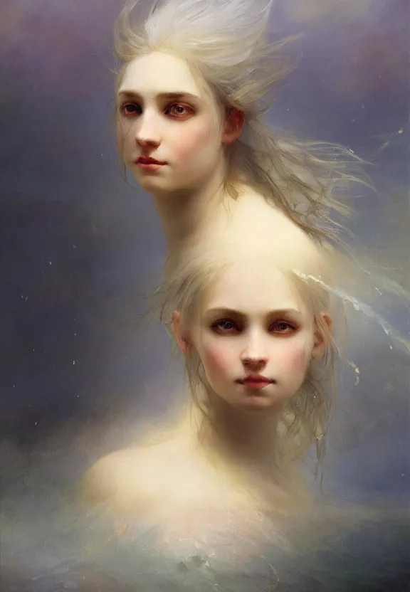 Image similar to three-quarters portrait with papery flaking skin, piercing multi-colored eyes, and under water flowing hair, dreams of the fae; painted in oil on canvas; highly detailed surrealism by Aleksi Briclot and Ivan Aivazovsky; 8k