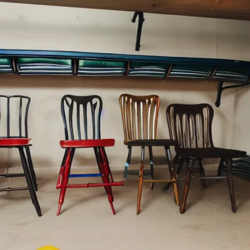 Image similar to three chairs and five spoons in a garage