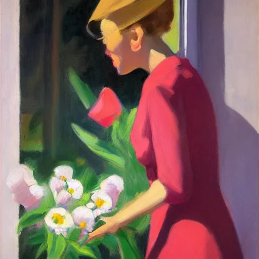 Prompt: flowers and lady, hopper, ben aronson 1950
