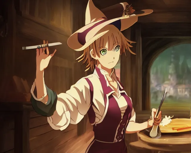 Image similar to key anime visual portrait of a young female witch in a tavern interior defending a companion, dynamic pose, dynamic perspective, cinematic, dramatic lighting.