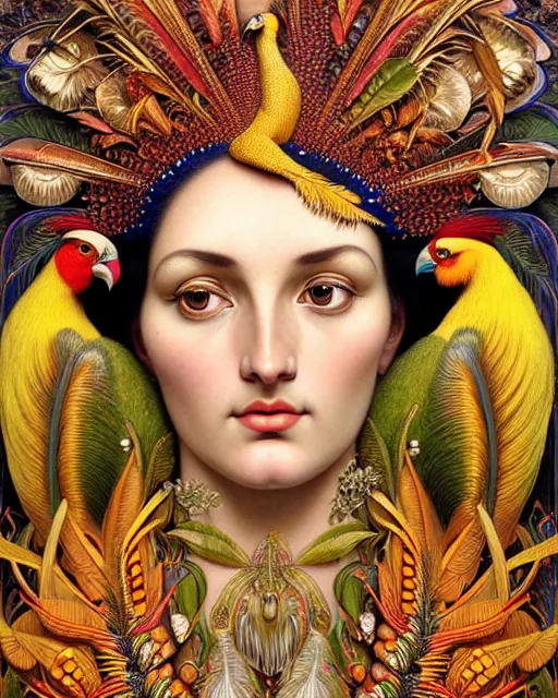 Image similar to hyperrealistic detailed face portrait of the beautiful goddess of the golden pheasants with an intricate headgear of golden pheasant, red berries, leaves, field flowers, pears, apples, art by ernst haeckel, john william godward, android jones, alphonso mucha, h. r. giger, gothic - cyberpunk, ornamental, beautiful deep colours,