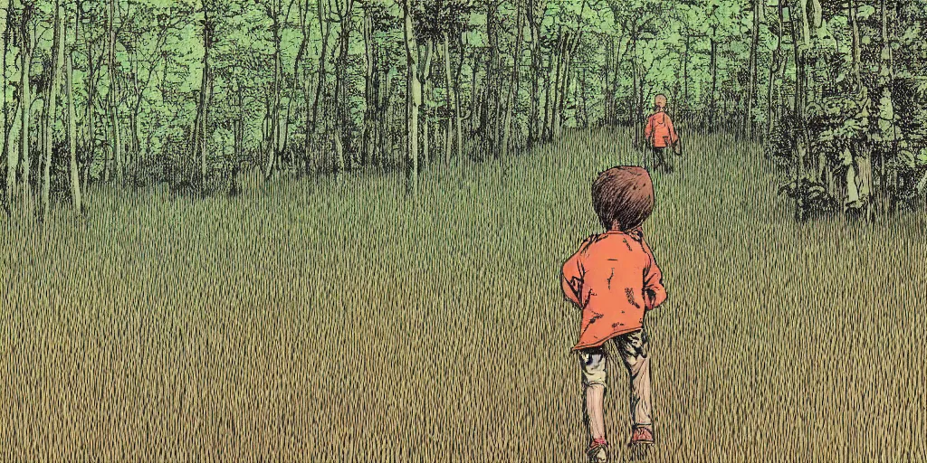 Prompt: perspective view of a young boy walking in a field of high grass facing a huge magnificent thick forest, very graphic illustration by katsuhiro otomo and jean giraud, drawing, clean line, colorful comics style