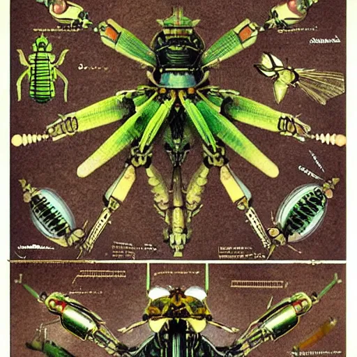 Image similar to detailed color technical schematics of robotic insectoids by da vinci