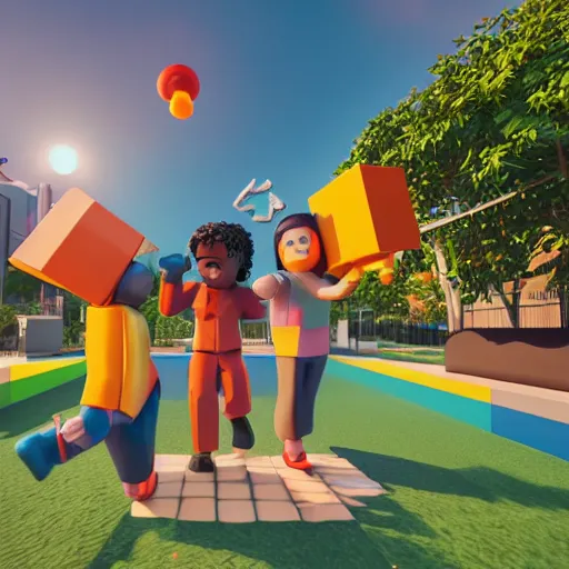 Image similar to highly detailed 3d render of playful kids interacting with roblox figures outside in the sun, box shapes floating all over, bright colors, octane render, insane quality, 8k, 4k, trending, artstation