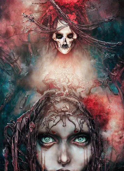 Image similar to alice's sister, death tarot card, highly detailed, cinematic, 8 k, by megan duncanson, benjamin lacombe, adrian borda, stanley artgermm, tom bagshaw, craig mullins, carne griffiths, ayami kojima, beksinski, giger, trending on deviantart, hyper detailed, horror, full of colour