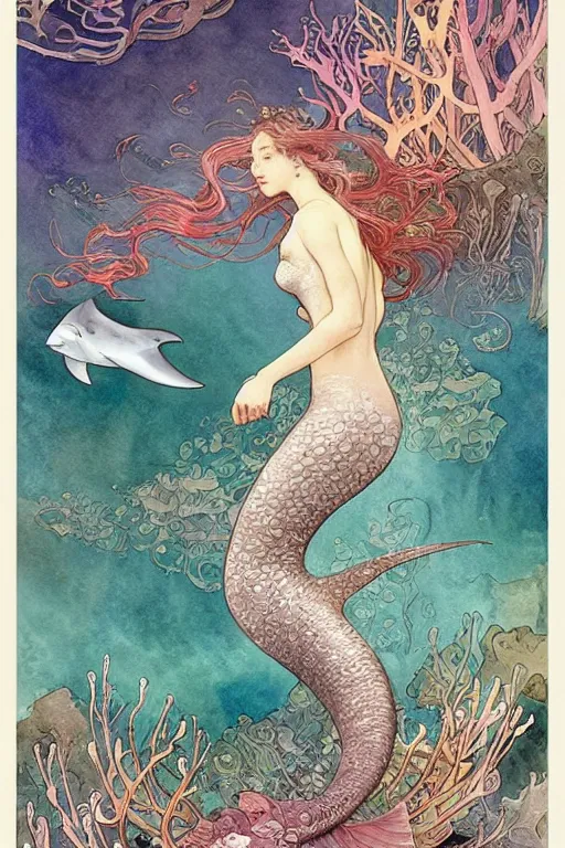 Image similar to a beautiful intricate watercolor illustration of a mermaid swimming with a manta ray in a coral reef, tropical fish and octopus, 4 k, ultra - wide angle, by william turner, by victo ngai, by alphonse mucha, by miho hirano, by moebius, hd, trending on artstation, hyper detailed, muted intense colors