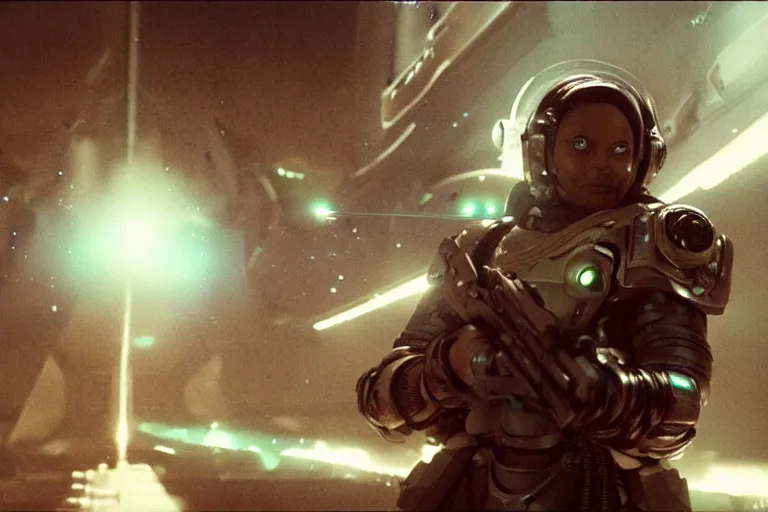 Image similar to VFX movie of a futuristic inhuman alien spacemarines in future spaceship, firing gun at space pirates detailed creature skin neon lighting by Emmanuel Lubezki