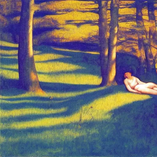 Image similar to a young girl lost in a blue golden forest, film still by edward hopper, by Pontormo, by klimt, art noveau, highly detailed, strong lights, liminal, eerie, Bright pastel colors