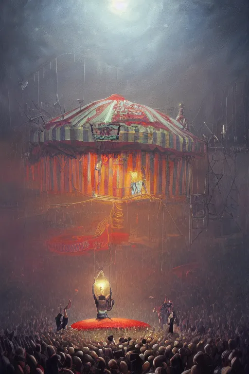 Prompt: a beautiful hyperrealistic painting of a night at the circus by Anato Finnstark, Anton Semenov, Alejandro Burdisio, trending on artstation, gigantic, octane render, brilliantly coloured, intricate, ultra wide angle, trending on artstation, dusk, volumetric lighting, polished, micro details, ray tracing, 8k