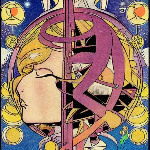 Image similar to sailor moon. graphical work by anatoly fomenko and bilibin and giger and lissitzky