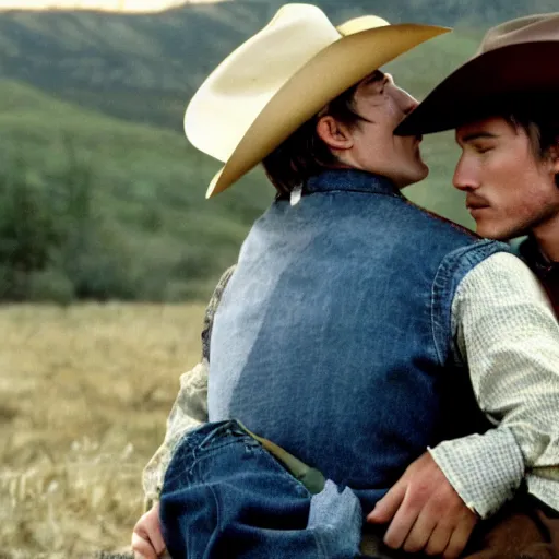 Image similar to a romantic scene from brokeback mountain starring josh hartnett as ennis del mar and heath ledger as jack twist