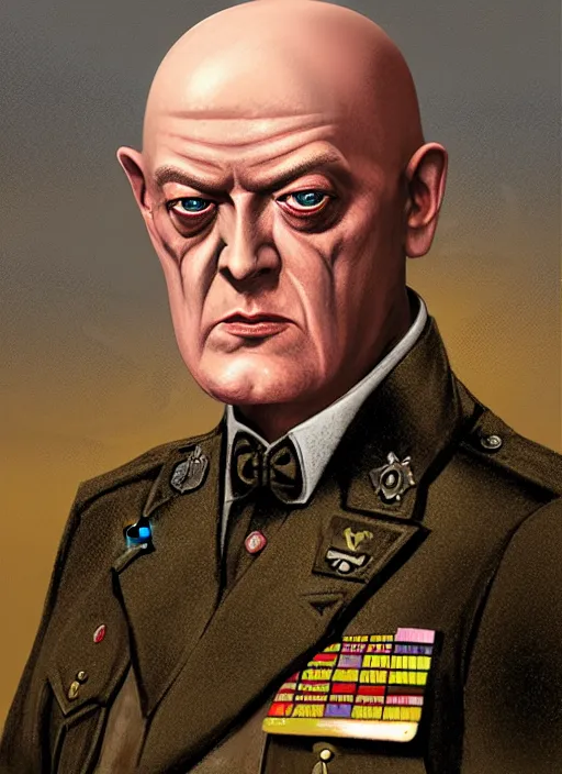 Image similar to highly detailed closeup portrait of aleister crowley wearing a general's uniform, unreal engine, nicoletta ceccoli, mark ryden, earl norem, lostfish, hyung tae, frank frazetta, global illumination, detailed and intricate environment