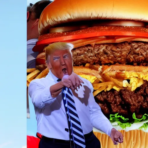 Image similar to a photo of donald trump eating the biggest hamburger in the world