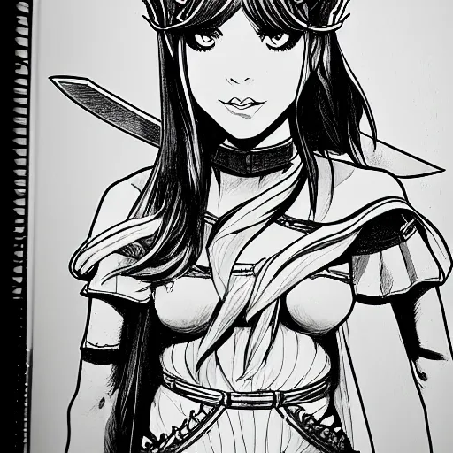 Prompt: a character lineart of a beautiful swordmaid, drawn with pencil, comic art, black and white,