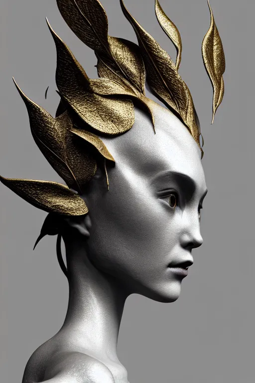 Image similar to close - up profile face, black background, beautiful young porcelain vegetal - dragon - cyborg - female, 1 5 0 mm, beautiful natural soft rim light, silver gold details, magnolia leaves and stems, roots, mandelbot fractal, elegant, hyper real, ultra detailed, white metallic armour, octane render, 1 6 k