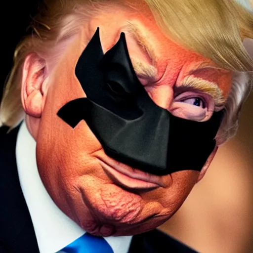 Image similar to donald trump wearing a batman mask hyper realistic