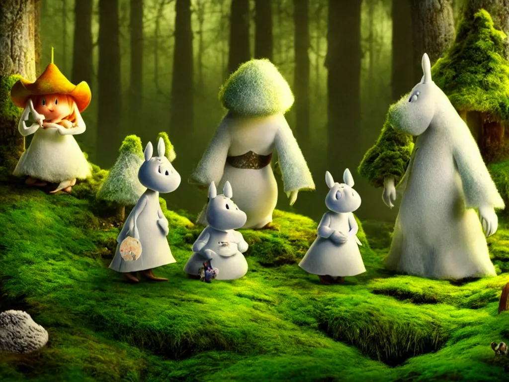 Image similar to the moomins wearing fluffy knight armor discovering the enchanted forest full of magic trees, mushrooms and moss and tiny fairies glowing in the dark, photorealistic painting, cgi, low volumetric light, movie still, very cute and cozy and fluffy and sweet