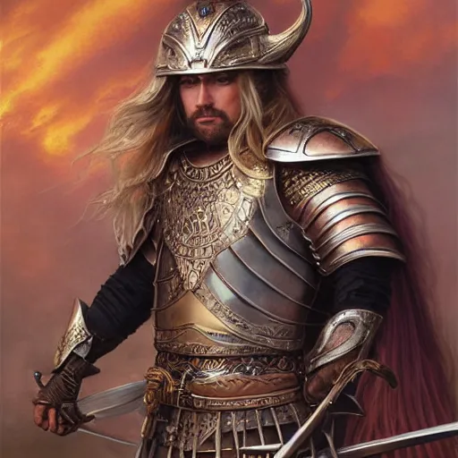 Image similar to Beautiful male cleric with long flowing blonde hair wearing burnished bronze armour emblazoned with a swan on the breastplate wielding a magical scimitar embossed with the phases of the moon, fantasy D&D character, portrait art by Donato Giancola and Bayard Wu, digital art, trending on artstation, 4k