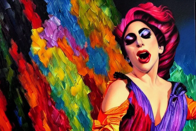 Prompt: highly detailed oil painting of lady gaga singing, colorful dress, very realistic, art nouveau, dramatic light,