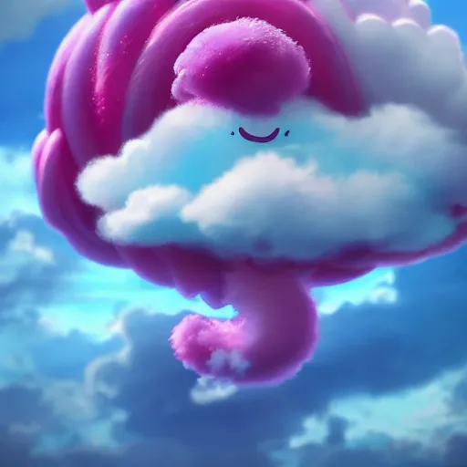 Image similar to cutest huge fantasy cloud animal, with sprouting rainbow hair, hd, japanese anime artist drawn, dlsr, dream animal cute eyes, trending on artstation, cotton candy, octane render, cinematic