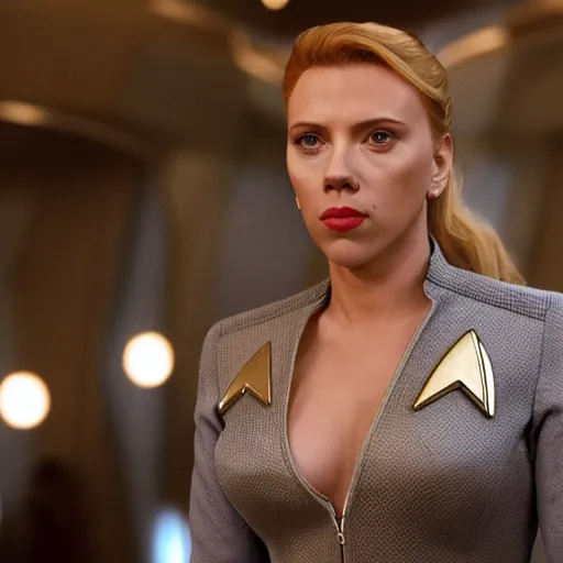 Image similar to highly detailed scarlett johansson wearing a star trek uniform, movie still