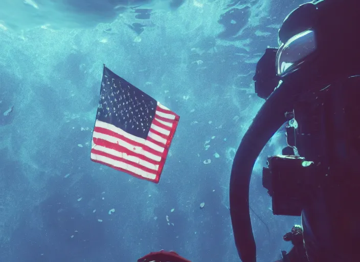 Image similar to astronaut underwater putting a flag on the bottom of the ocean. in the background, a submarine is visible. dark, cinematic, dramatic, blender, photorealistic, octane render, 8 k, volumetric lighting, trending on artstation