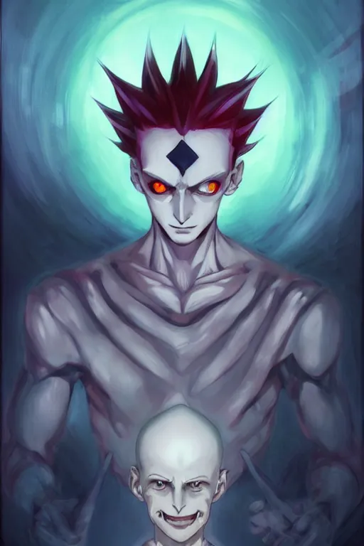 Prompt: Hisoka from Hunter × Hunter, dark , Symmetrical, by Peter mohrbacher and Kelly McKernan, cinematic, concept artbook, artstation, video game, pixar, Highly detailed painting, unreal engine, sharp, 8k