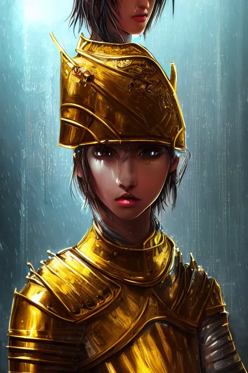 Image similar to portrait holy and divine young knights of Zodiac girl, golden and copper armor, in futuristic heavily raindrop ruin tokyo rooftop cyberpunk night, ssci-fi, fantasy, intricate, very very beautiful, elegant, neon light, highly detailed, digital painting, concept art, human anatomy, soft light, hdri, smooth, sharp focus, illustration, art by tian zi and craig mullins and WLOP and alphonse mucha