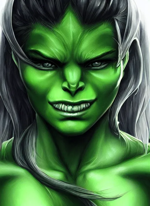 Image similar to green orc female, light green tone beautiful face, by artgerm, digital painting