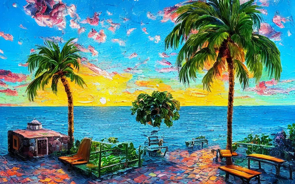 Prompt: a very tiny island surrounded by water with a cute cozy cottage with a terrace, a paved garden courtyard with benches and a fountain, palm trees, river, sunset, puffy clouds, dramatic and dynamic lighting, thick brush strokes oil impasto painting