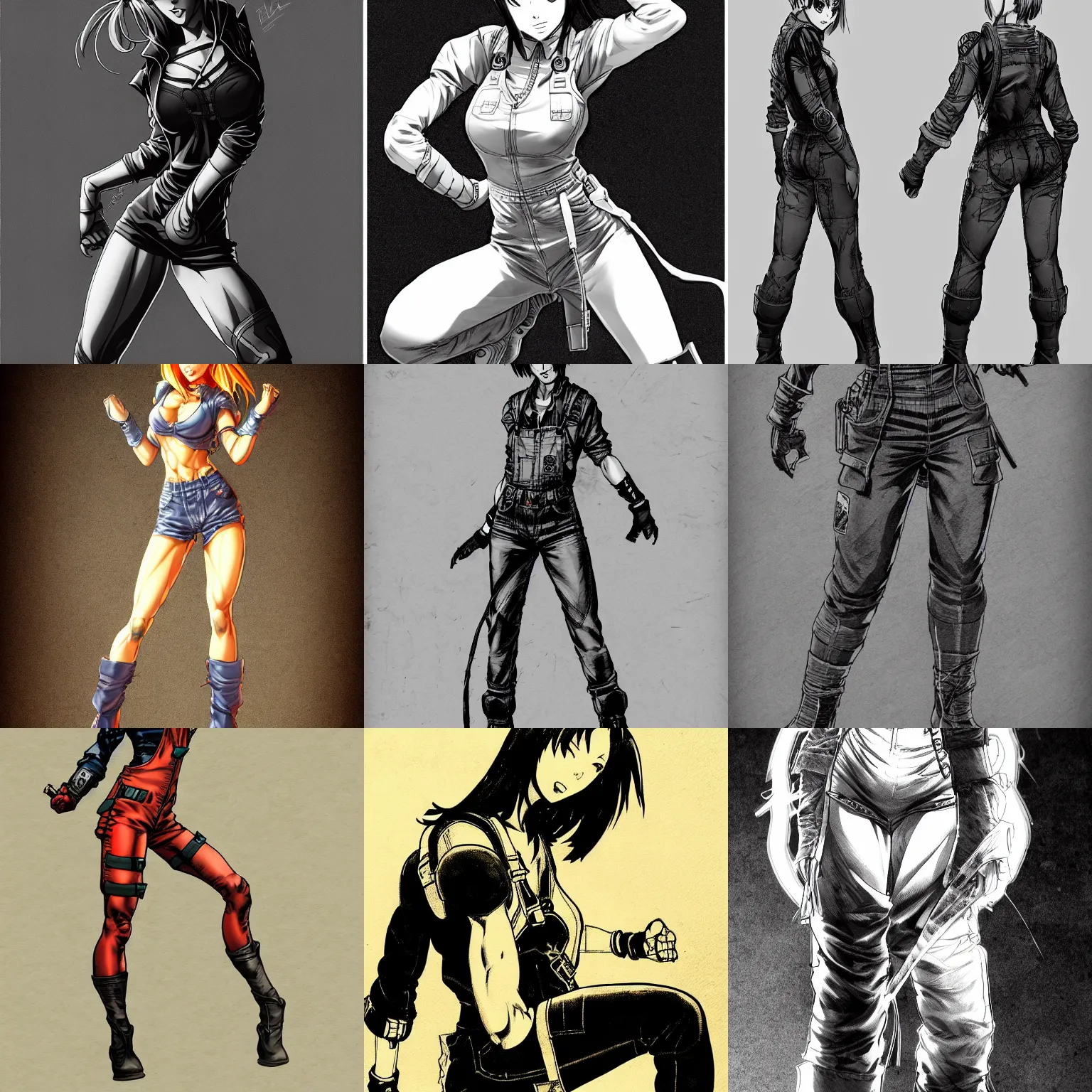 Image similar to full body pose, hd, manga anime portrait of a beautiful woman in combat boots and overalls, in ishikawa ken frank miller jim lee alex ross style detailed trending award winning on flickr artstation,