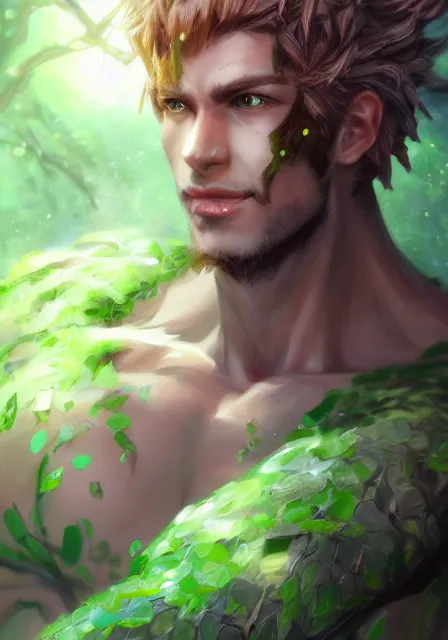 Prompt: A realistic anime portrait of a handsome buff dryad with glowing green eyes and tree bark skin wearing clothes made of leaves, digital painting, by Stanley Artgerm Lau, Sakimichan, WLOP and Rossdraws, digtial painting, trending on ArtStation, SFW version