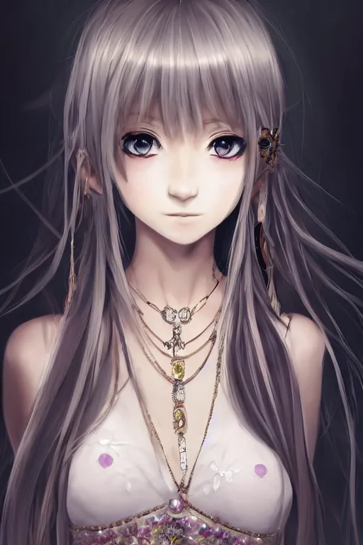 Image similar to beautiful very detailed portrait of anime girl with lots of jewelry in the face, full body, in the background there is a minimalistic palace, digital art , dramatic cinematic lighting rendered by octane, 8k, detailed, intricate, clean and textures, trending on artstation, treanding on deviantart, trending on cgsociety, pinterest, by Lauren Brevner + FRANS SMIT