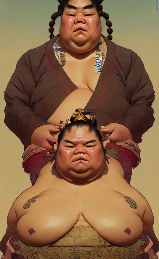 Image similar to a dynamic portrait of a gigantic sumo empress, a fat tank monster, baroque, piglets, concept art, deep focus, fantasy, intricate, highly detailed, digital painting, artstation, matte, sharp focus, illustration, art by greg rutkowski and alphonse mucha