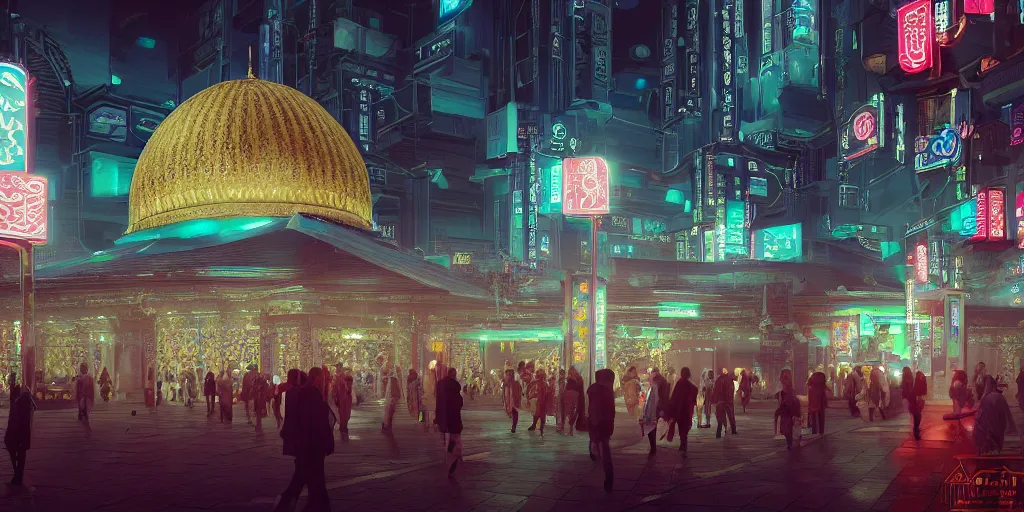 Image similar to Photorealistic cyberpunk mosque in crowded Tokyo night, with great domes and arches, cyan and pink neon lights, people and androids wearing traditional japanese clothing. Hyperdetailed photorealism, UHD, amazing depth, glowing rich colors, golden ration, 3D octane cycle unreal engine 5, 3d shading, cinematic lighting, artstation concept art