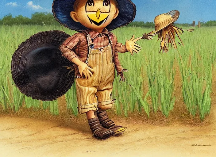 Prompt: a cute short scarecrow with a straw hat in overalls walking on a dirt road next to a large corn field, children's book by tom lovell, ross tran, terry redlin, jean baptiste monge