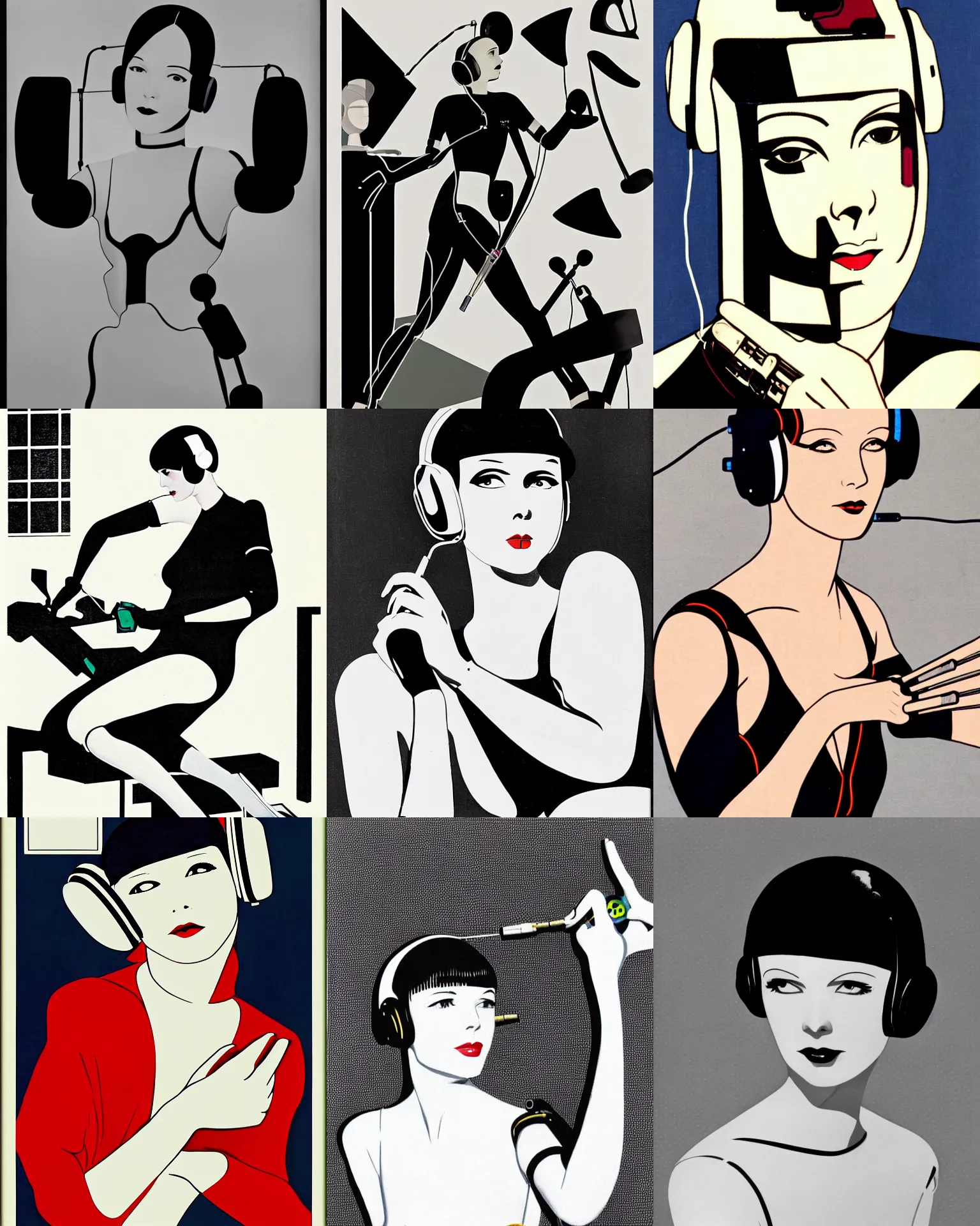 Prompt: mary louise brooks wearing headphones, repairing her own robot arm, chrome clothes, airbrush, robot arms, by patrick nagel, art deco style