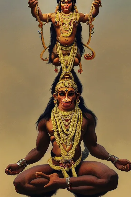 Image similar to a full body portrait of a beautiful ornated hanuman god, arms pointing up!!!, meditative sacral pose, hindu stages of meditation, intricate, elegant, highly detailed, digital painting, artstation, concept art, smooth, sharp focus, illustration, art by krenz cushart and artem demura and alphonse mucha