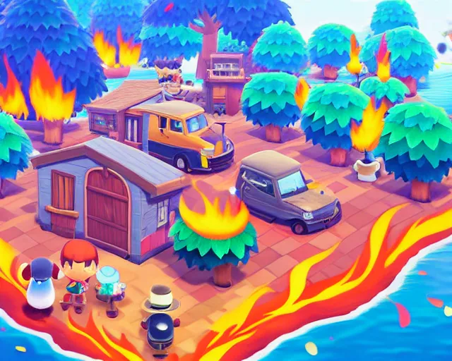 Prompt: animal crossing village on fire, sylvain sarrailh