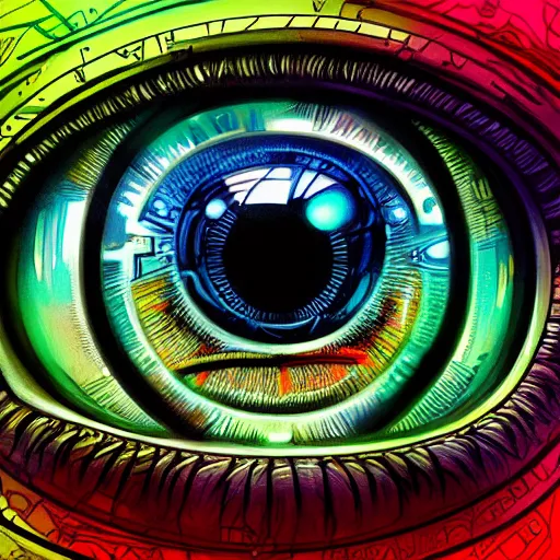 Prompt: Cybernetic Eye with intricate reflections and circuits, colorful, fantasy, vivid colors, concept art, sharp focus, digital art, Hyper-realistic, 4K, Unreal Engine, Highly Detailed, HD, Dramatic Lighting by Brom, trending on Artstation