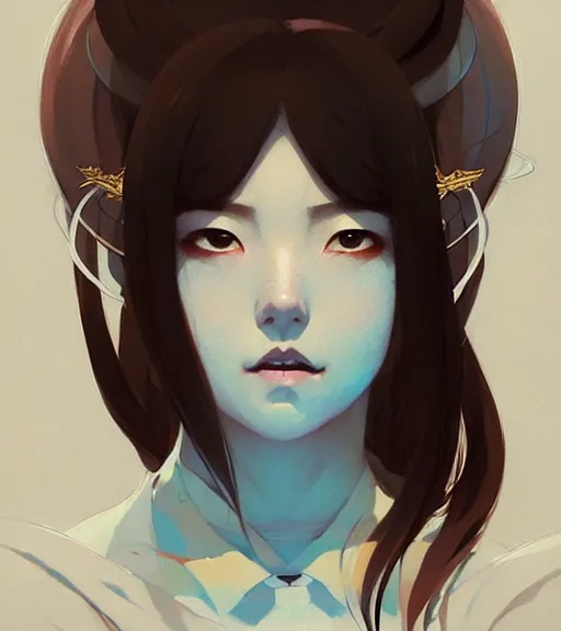 Image similar to portrait of a beautiful alluring immortal japanese goddess by atey ghailan, by greg rutkowski, by greg tocchini, by james gilleard, by joe fenton, by kaethe butcher, by rick wade art, dynamic lighting, gradient light blue, brown, blonde cream and white color scheme, grunge aesthetic