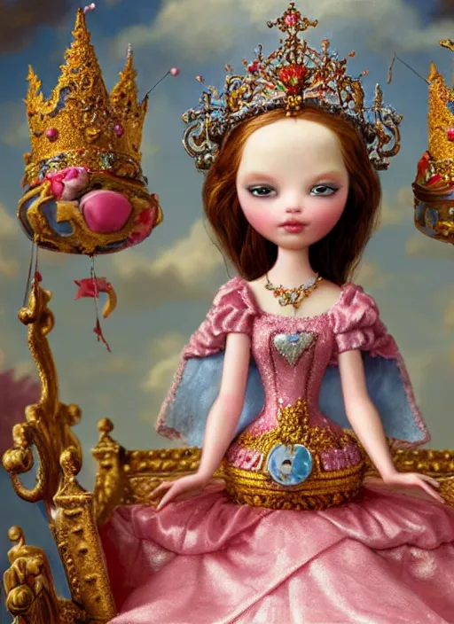 Image similar to highly detailed closeup, portrait of a tin toy fairytale princess wearing a crown and sitting on a throne eating cakes, unreal engine, nicoletta ceccoli, mark ryden, earl norem, lostfish, global illumination, detailed and intricate environment